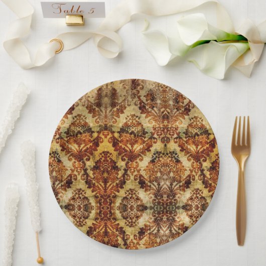 ヴィンテージ秋秋結婚の茶色のダマスク ペーパープレート (ウェディング)