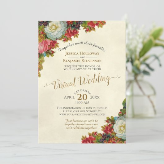 ヴィンテージ秋花アイボリーと金ゴールドバーチャル結婚ズ 招待状 (スタンド正面)