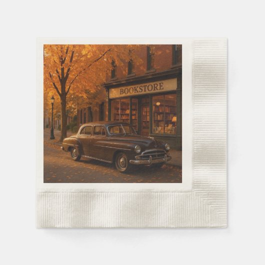 ヴィンテージ秋/秋の書店&カー 縁ありカクテルナプキン (正面)