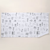 ヴィンテージ科学イラストレーション白黒パターン ビーチタオル (正面)