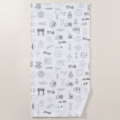 ヴィンテージ科学イラストレーション白黒パターン ビーチタオル (正面)