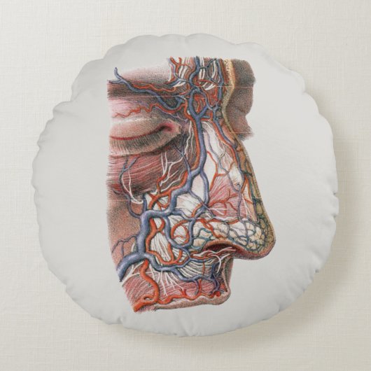 ヴィンテージ科学人間の解剖学、鼻との顔 ラウンドクッション (正面)