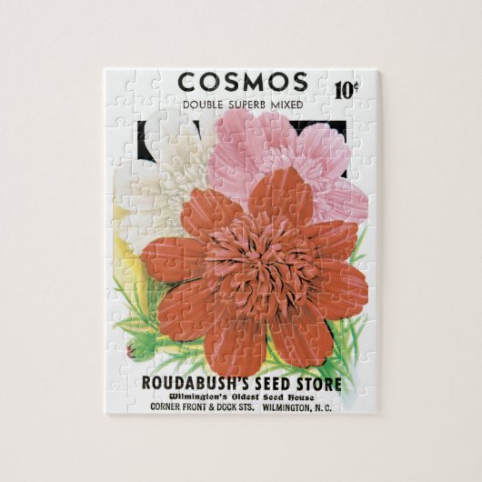 ヴィンテージ種パケットアート、コスモスの庭の花 ジグソーパズル (縦)
