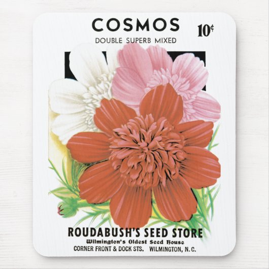 ヴィンテージ種パケットアート、コスモスの庭の花 マウスパッド (正面)