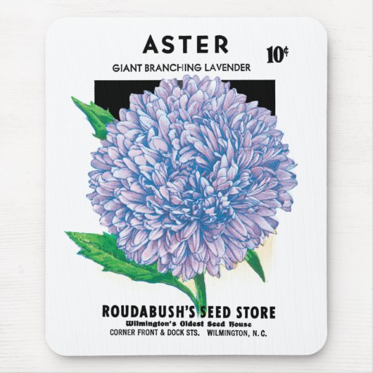 ヴィンテージ種パケットアート、紫のアスターの花 マウスパッド (正面)