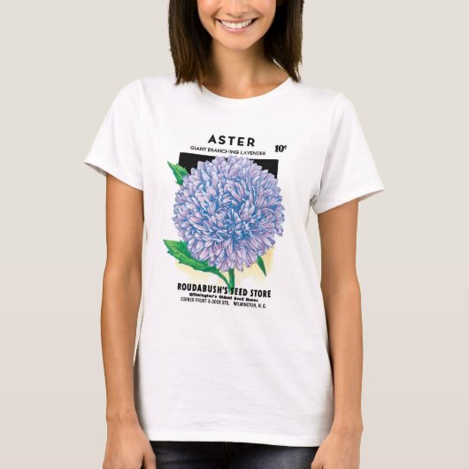 ヴィンテージ種パケットアート、紫のアスターの花 Tシャツ (正面)