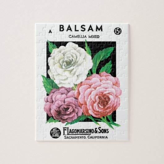 ヴィンテージ種袋ラベルアート、椿の花 ジグソーパズル (縦)