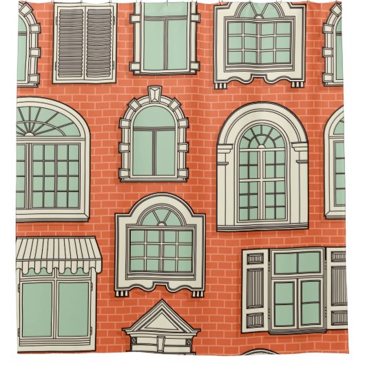 ヴィンテージ窓の風景模様 シャワーカーテン (正面)