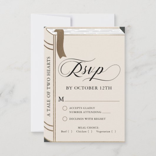 ヴィンテージ童話の図書館本結婚金ゴールド 出欠カード (正面)