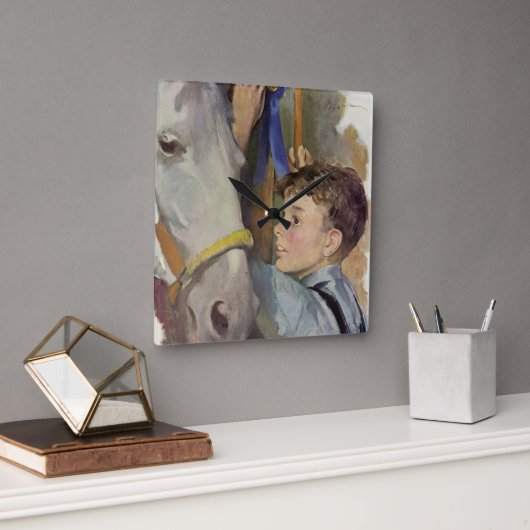 ヴィンテージ競走馬、少年とブルーリボン勝者 スクエア壁時計 (オフィス)