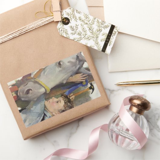 ヴィンテージ競走馬、少年とブルーリボン勝者 長方形シール (ギフト)