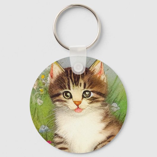 ヴィンテージ笑顔の猫イラストレーション キーホルダー (正面)