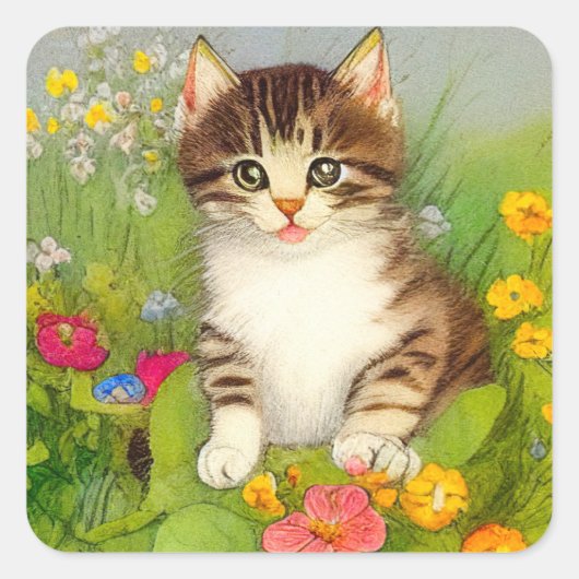 ヴィンテージ笑顔の猫イラストレーション スクエアシール (正面)