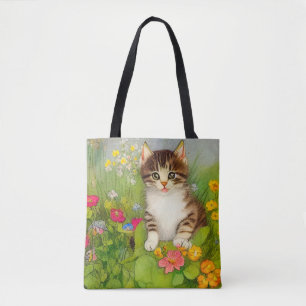 ヴィンテージ笑顔の猫イラストレーション トートバッグ