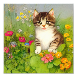 ヴィンテージ笑顔の猫イラストレーション フォトプリント           