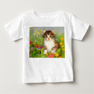 ヴィンテージ笑顔の猫イラストレーション ベビーTシャツ