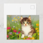 ヴィンテージ笑顔の猫イラストレーション ポストカード (正面/裏面)