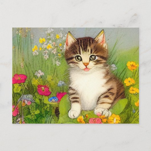 ヴィンテージ笑顔の猫イラストレーション ポストカード (正面)
