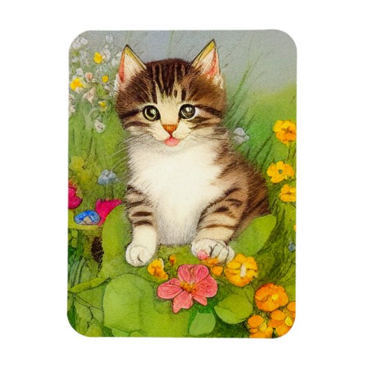 ヴィンテージ笑顔の猫イラストレーション マグネット (縦)