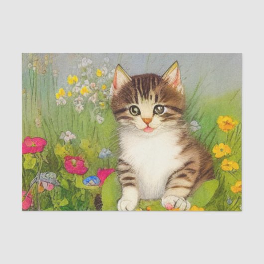 ヴィンテージ笑顔の猫イラストレーション 薄葉紙 (正面)