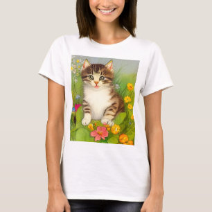 ヴィンテージ笑顔の猫イラストレーション Tシャツ