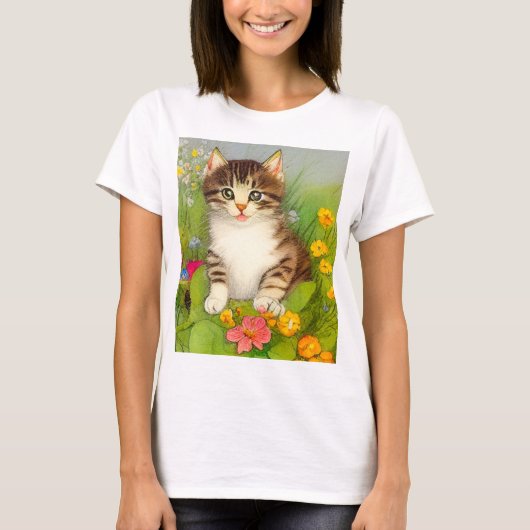 ヴィンテージ笑顔の猫イラストレーション Tシャツ (正面)