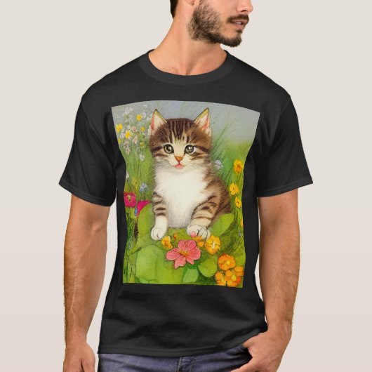 ヴィンテージ笑顔の猫イラストレーション Tシャツ (正面)
