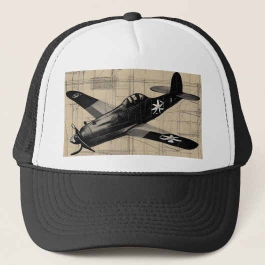 ヴィンテージ第2次世界大戦ファイター飛行機ペンシルスケッチデザイン キャップ (正面)