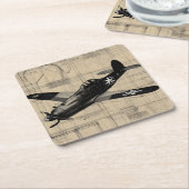 ヴィンテージ第2次世界大戦ファイター飛行機ペンシルスケッチデザイン スクエアペーパーコースター (アングル)