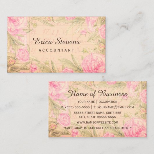 ヴィンテージ簿記元帳ピンクフローラ会計士 名刺 (正面/裏面)