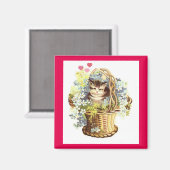 ヴィンテージ籠における子猫 マグネット (正面/裏面)