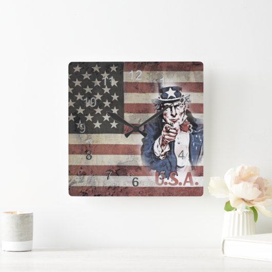 ヴィンテージ米国の旗および米国市民 スクエア壁時計 (ホーム)