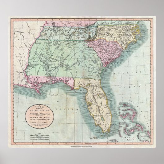 ヴィンテージ米国南東部の地図(1806年) ポスター (正面)