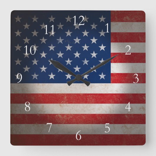 ヴィンテージ米国国旗とカスタム文字 スクエア壁時計 (正面)