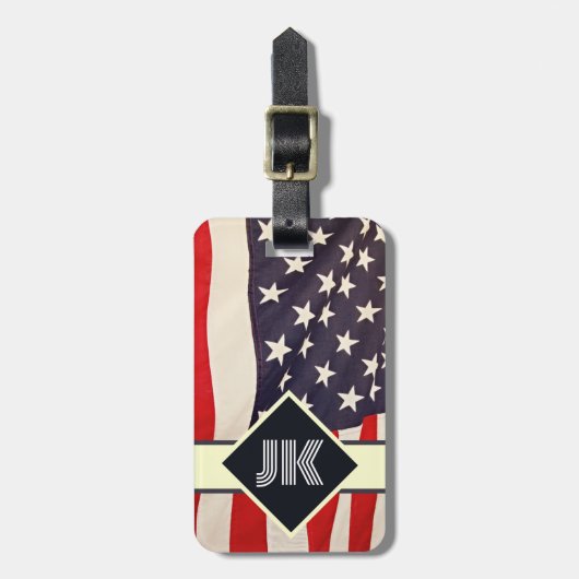 ヴィンテージ米国国旗のモノグラムのパーソナライズカスタム ラゲッジタグ (正面縦)