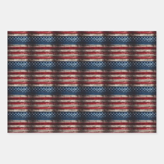 ヴィンテージ米国国旗の愛国的な青と赤の古い木製 ラッピングペーパーシート (正面2)