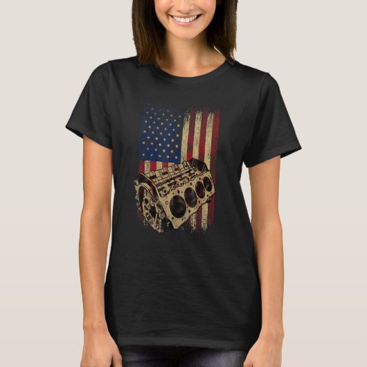 ヴィンテージ米国国旗レトロ自動車エンジニアカー Tシャツ (正面)