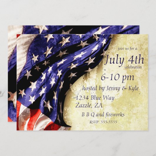 ヴィンテージ米国国旗7月4日 招待状 (正面/裏面)