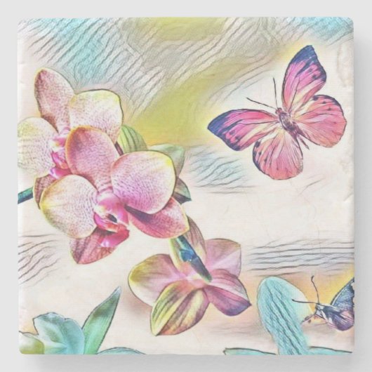 ヴィンテージ紅蘭の花の水色 ストーンコースター (正面)