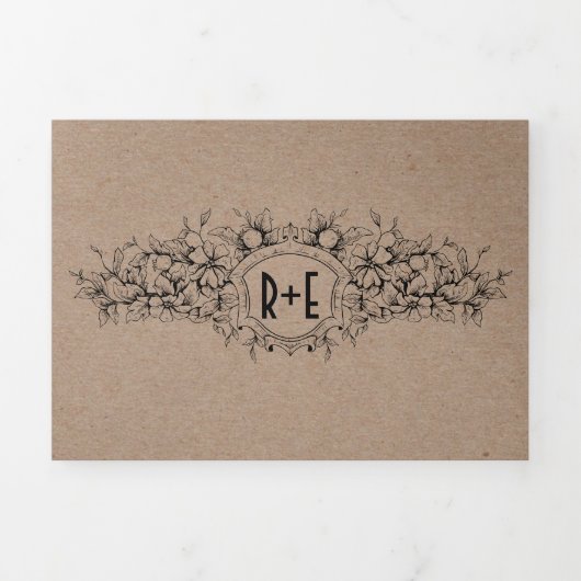 ヴィンテージ紋章オンクラフト紙結婚ズ 三つ折り招待状 (カバー)