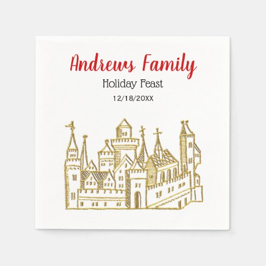 ヴィンテージ紋章城#2クレストフェイク金ゴールドクリスマス スタンダードカクテルナプキン (正面)