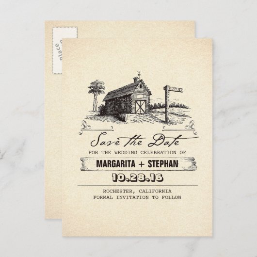 ヴィンテージ納屋の古いrustic日付ポストカードを保存 案内ポストカード (正面/裏面)