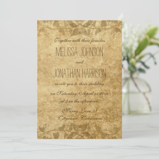 ヴィンテージ紙つる植物タイポグラフィ結婚式招待状 招待状 (スタンド正面)