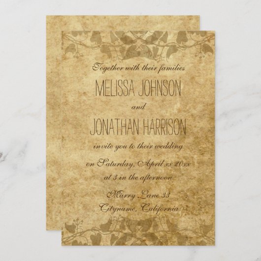 ヴィンテージ紙つる植物タイポグラフィ結婚式招待状 招待状 (正面/裏面)