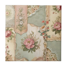 ヴィンテージ紙と花 タイル