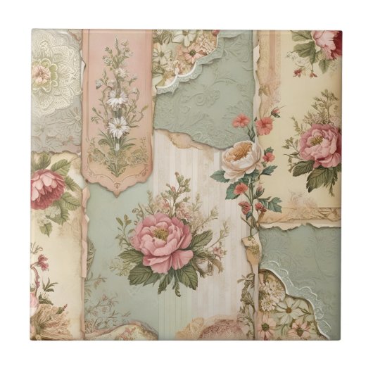 ヴィンテージ紙と花 タイル (正面)