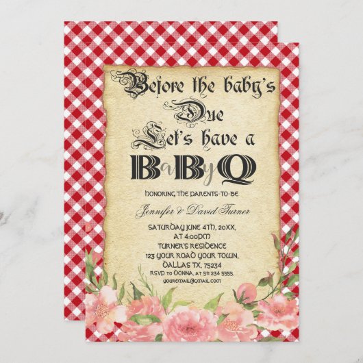 ヴィンテージ紙フローラレッドジンガムベビーシャワーBBQ 招待状 (正面/裏面)