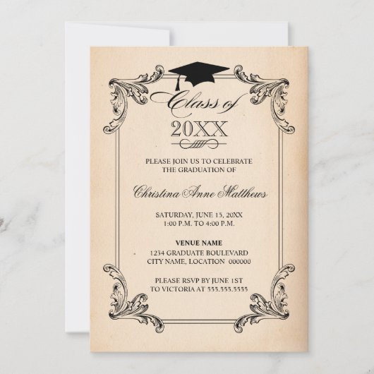 ヴィンテージ紙ルック&オーナメント卒業 招待状 (正面)