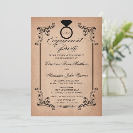 ヴィンテージ紙ルック&オーナメント婚約パーティ 招待状 (スタンド正面)