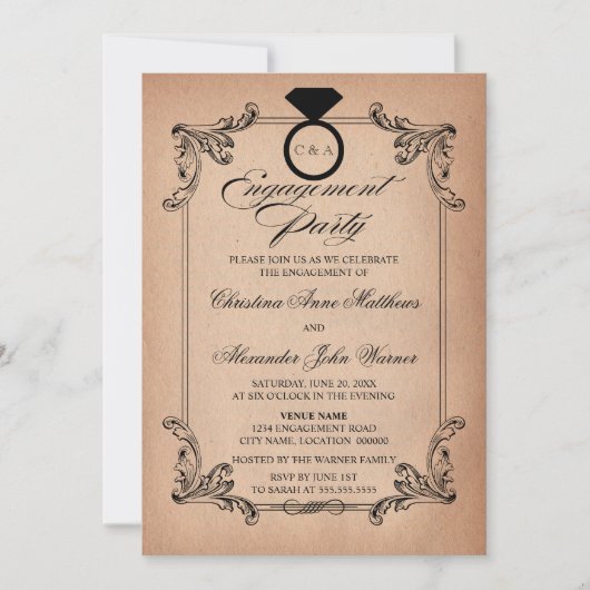 ヴィンテージ紙ルック&オーナメント婚約パーティ 招待状 (正面)